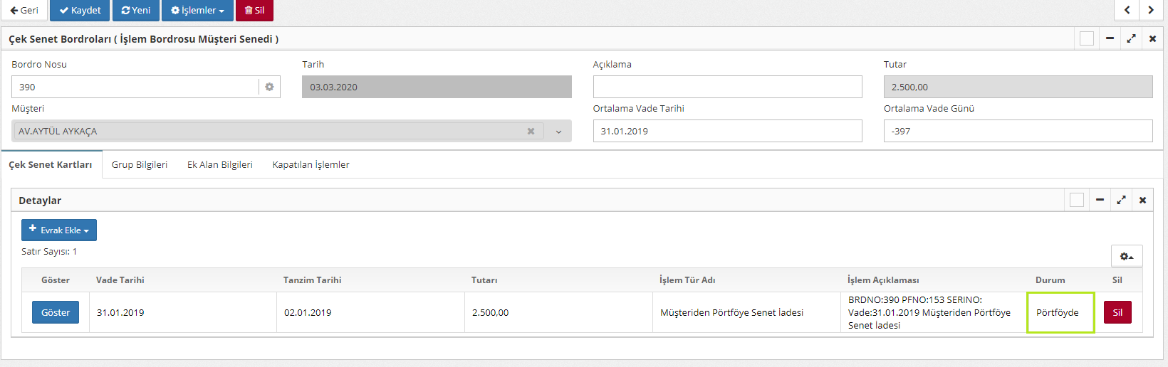 Müşteriden Portföye Senet İadesi 2